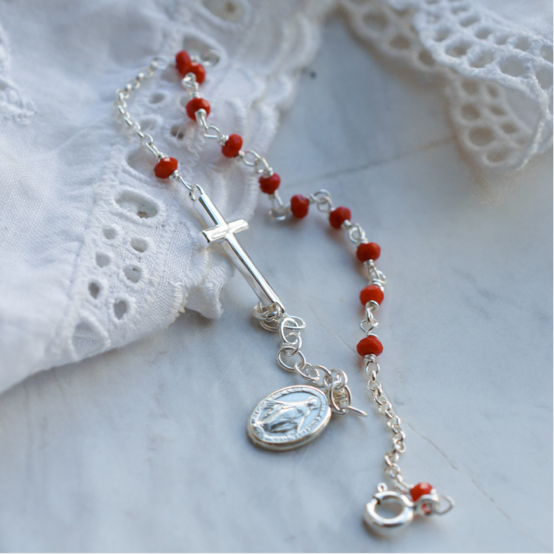 Pulsera de rosario en plata de ley 925 y sus perlas de color malva