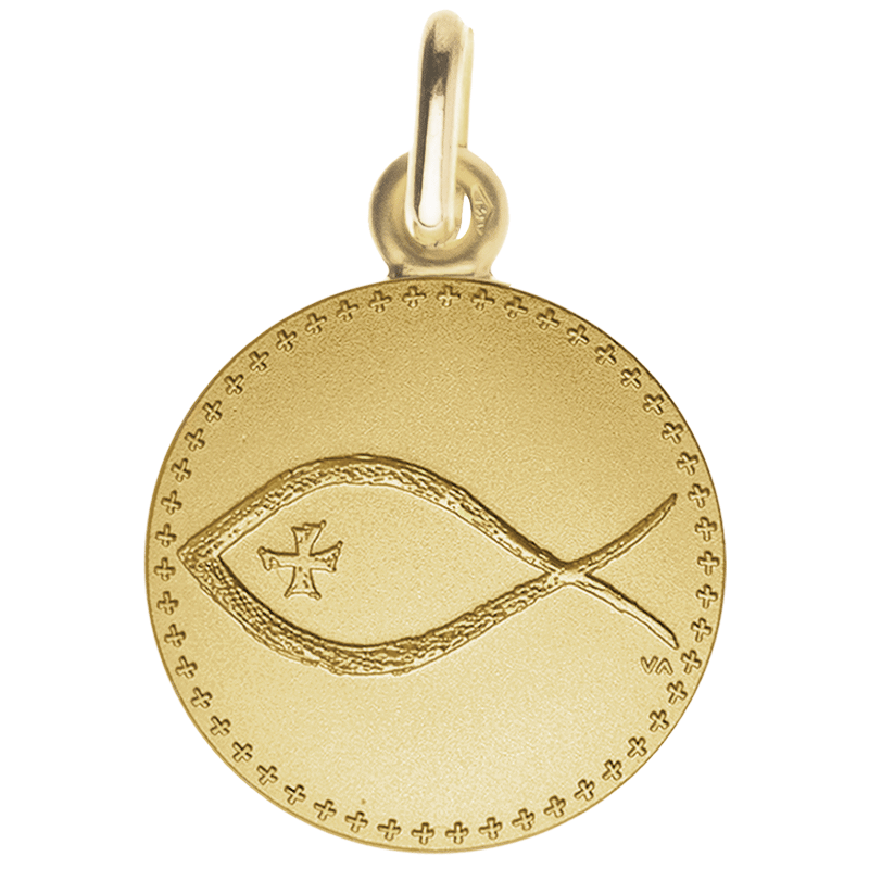Medalla de Bautismo Símbolo Pescado Ictus Oro Amarillo 9 Quilates - Laudate