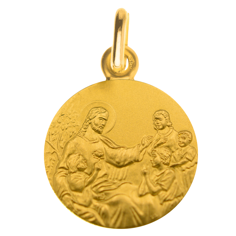 Medalla de bautismo de Jesús y los niños de oro amarillo de 18 quilates - Casa Laudate
