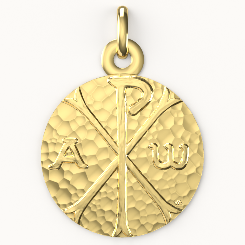 Medalla de Bautismo Crismon Martillado Oro Amarillo 9 Quilates - Casa Laudate