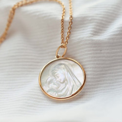 Médaille de baptême Vierge à l'enfant rayonnant nacre