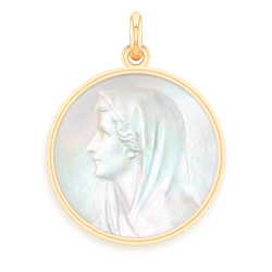 Medaille bapteme Vierge au voile nacre et or laudate