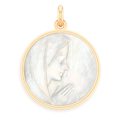 Medaille bapteme Vierge prière nacre or 18 carats laudate