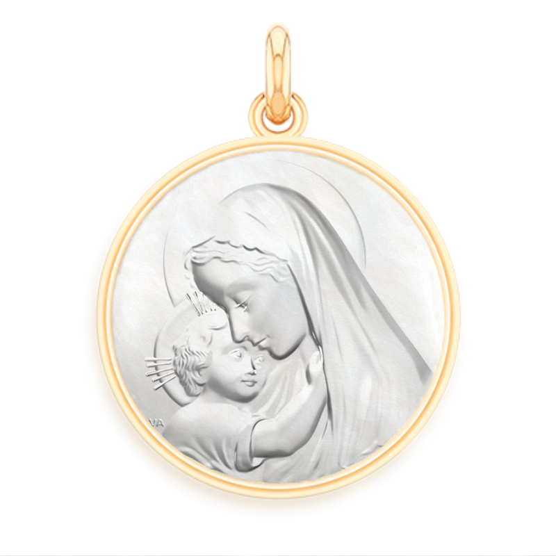 Médaille bapteme vierge à l'enfant rayonnant nacre or laudate