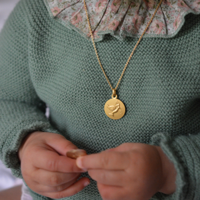 medaille de bapteme laudate colombe or 18 carats
