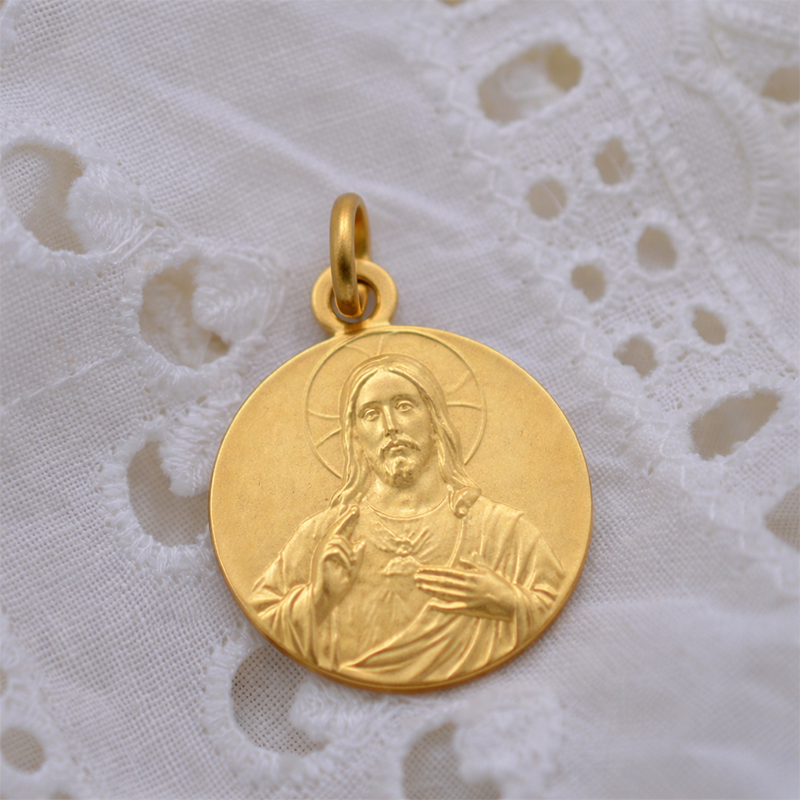 Medalla de bautismo de escapulario de Cristo y Virgen con el niño en oro - Laudate